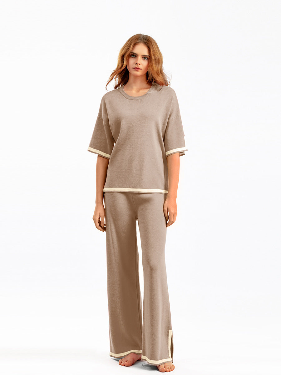 Round Neck Short-sleeved Top Pants Splicing Two-piece Suit