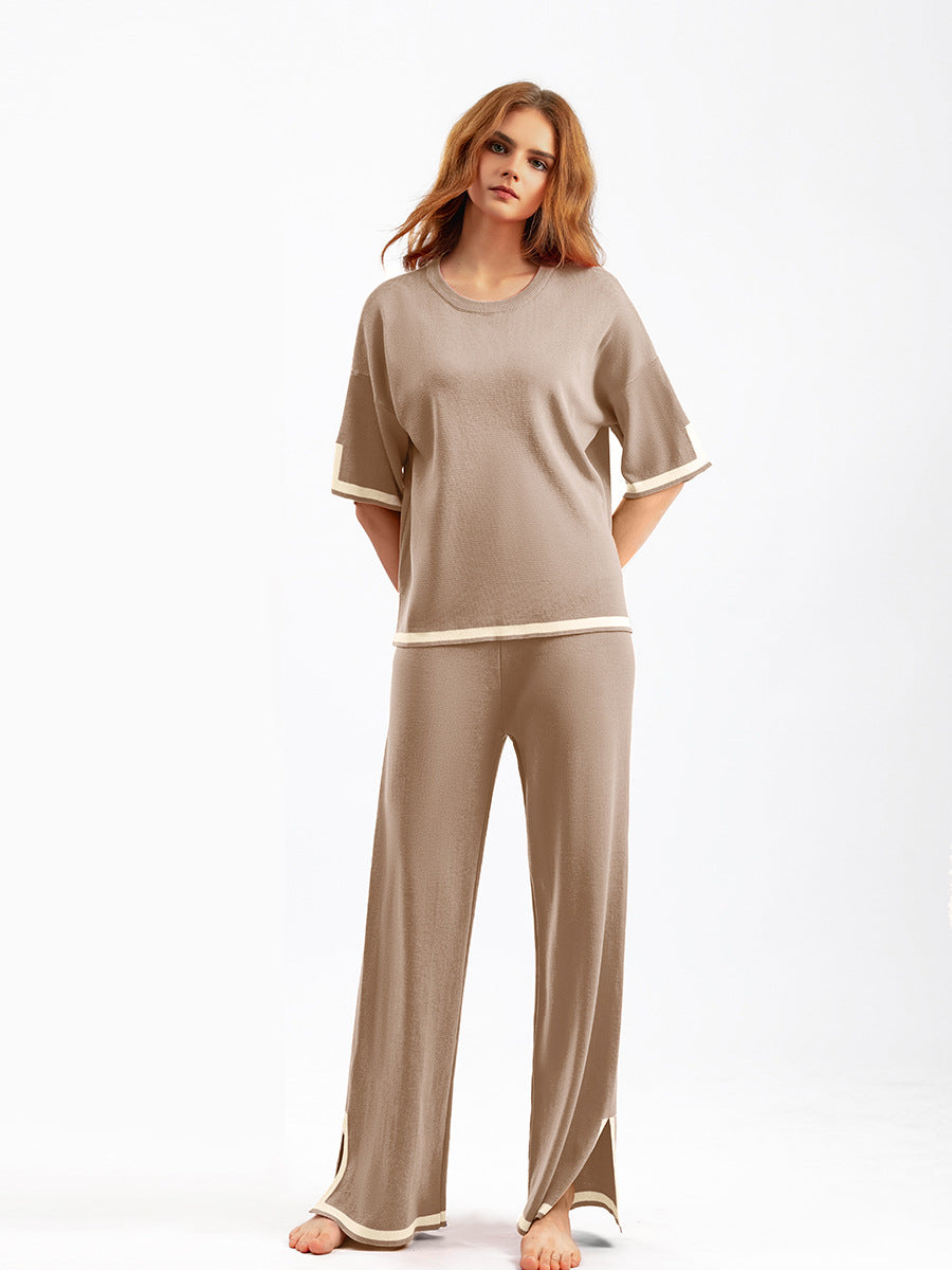 Round Neck Short-sleeved Top Pants Splicing Two-piece Suit