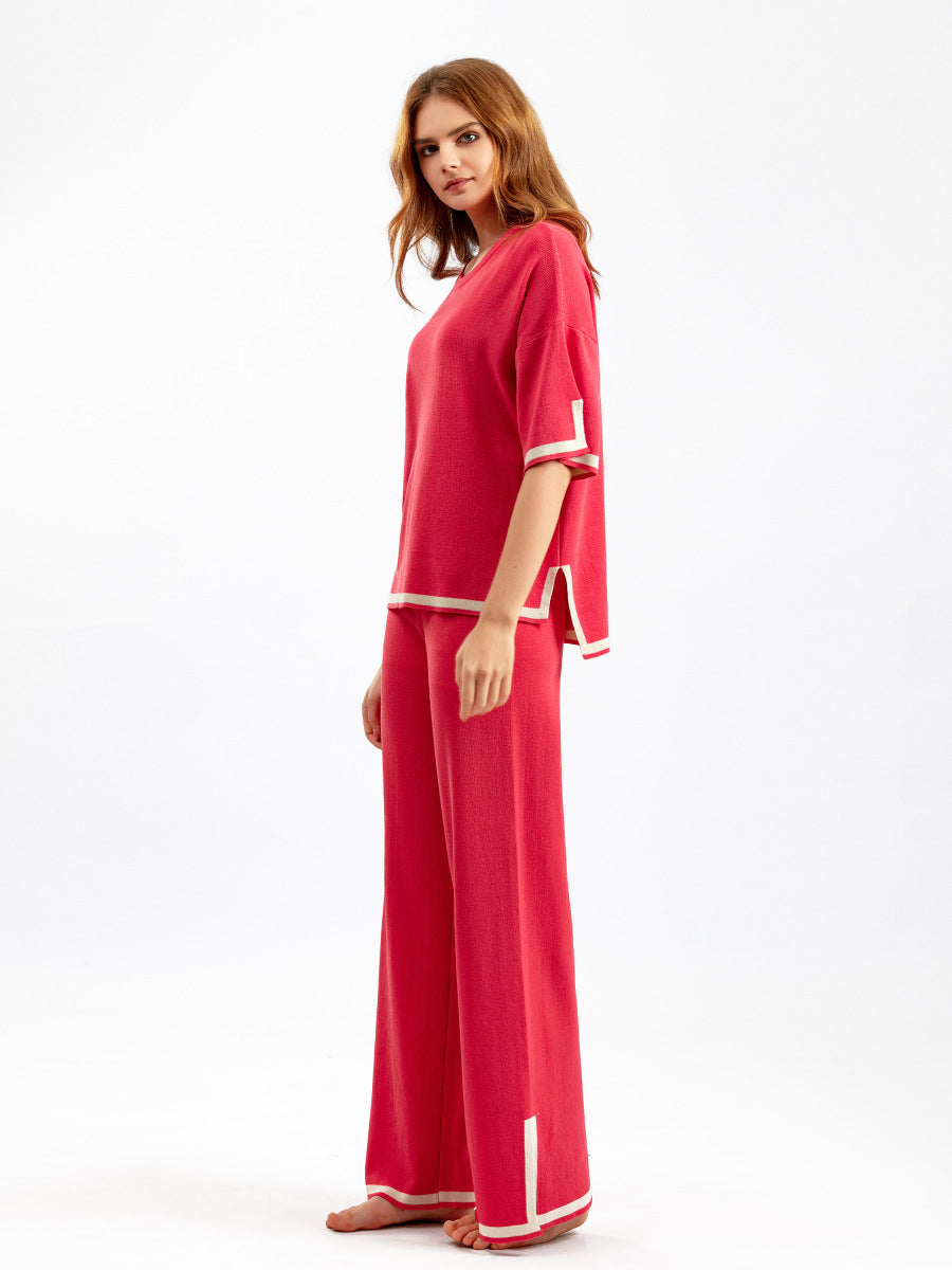 Round Neck Short-sleeved Top Pants Splicing Two-piece Suit